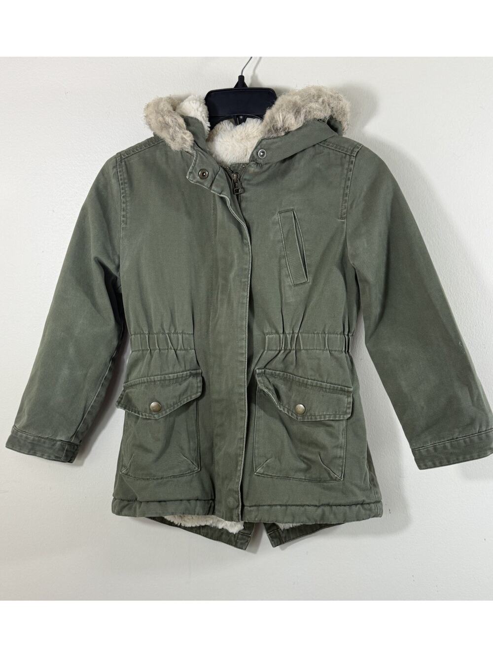 Crazy 8 Girls Cotton Parka Jacket Size 7-8 Olive Green Faux Fur Hood Utility